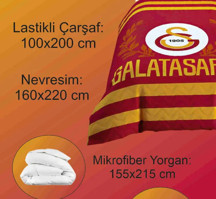 Taç Лицензированный Стёганый Односпальный Комплект для сна Galatasaray - Одеяло + Подушка + Подарочная кружка (Оригинальный фанатский товар)