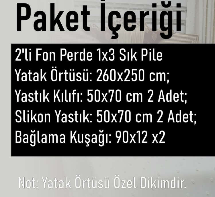 Derya Krem Çift Kanat Keten Dokulu Ponponlu Fon Perde + Yatak Örtüsü [ 11 Parça Kombin Set ]