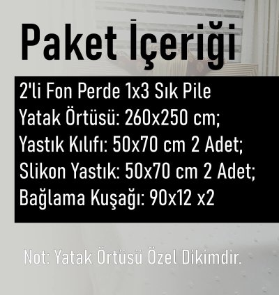 Derya Krem Çift Kanat Keten Dokulu Ponponlu Fon Perde + Yatak Örtüsü [ 11 Parça Kombin Set ] 3