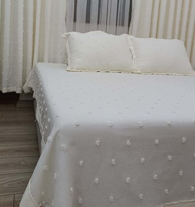 Derya Krem Çift Kanat Keten Dokulu Ponponlu Fon Perde + Yatak Örtüsü [ 11 Parça Kombin Set ] 4