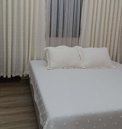 Derya Krem Çift Kanat Keten Dokulu Ponponlu Fon Perde + Yatak Örtüsü [ 11 Parça Kombin Set ] 5