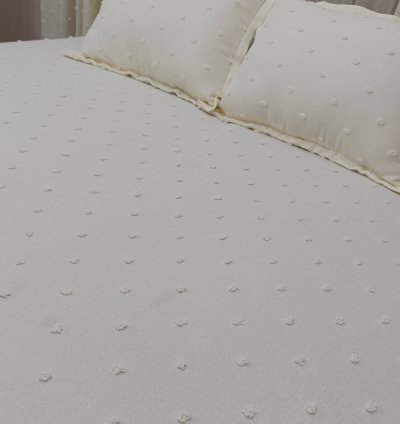 Derya Krem Çift Kanat Keten Dokulu Ponponlu Fon Perde + Yatak Örtüsü [ 11 Parça Kombin Set ] 6