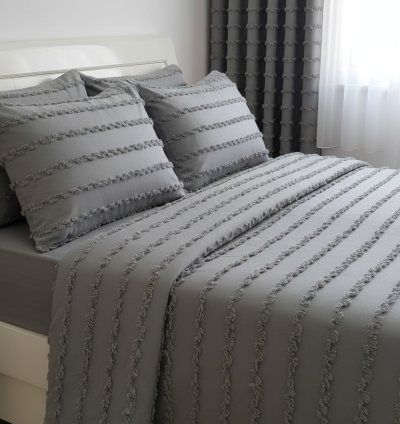 Wave İskandinav Gri Şeritli Yatak Örtüsü Seti 260x250 cm + 4 Yastık Kılıfı