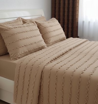 Wave İskandinav Bej Yatak Örtüsü Seti 260x250 cm + 4 Yastık Kılıfı