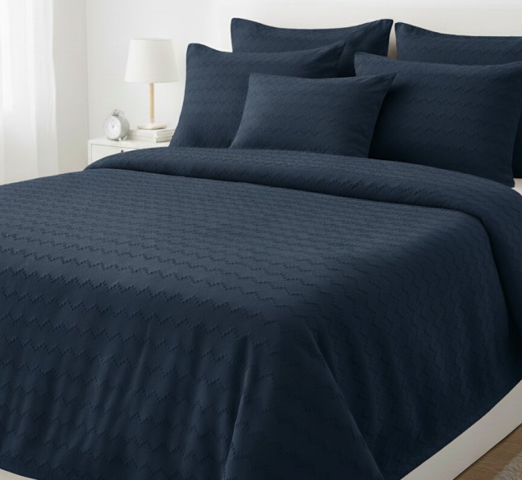 Waves Collection Navy Blue Bedspread Set - 260x250 cm