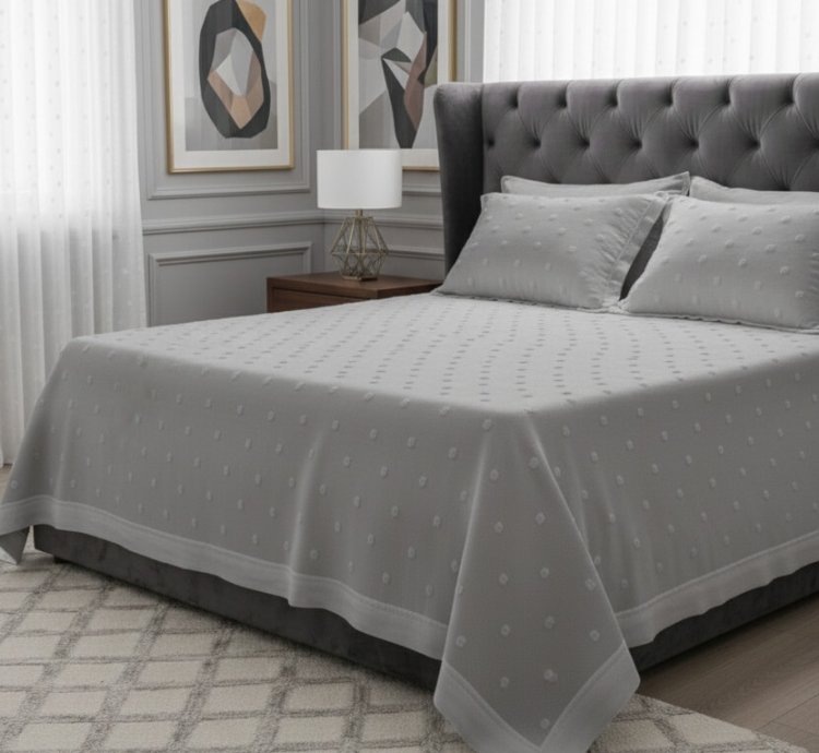 Bohem Ponponlu Gri Yatak Örtüsü Seti - 260x250 cm + 4 Yastık Kılıfı