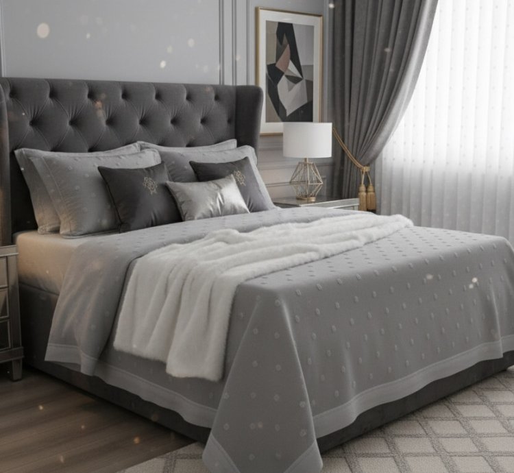 Bohem Ponponlu Gri Yatak Örtüsü Seti - 260x250 cm + 4 Yastık Kılıfı