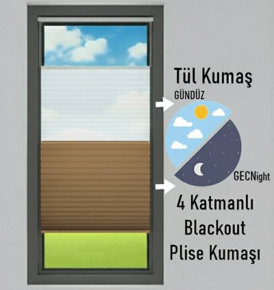 Kahverengi İkili Plise Perde, Tül + Blackout  Çift Fonksiyonlu Gündüz Gece Plise Perde, Çiftli Sistem