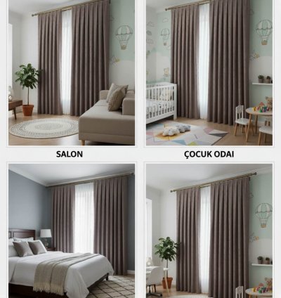 Bohem Ponponlu Vizon Gri Fon Perde | Salon, Çocuk Odası Fon Perde