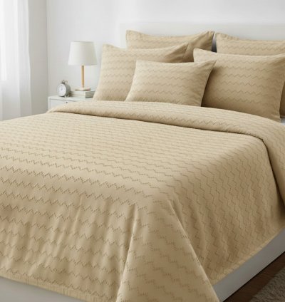 Waves Koleksiyon Bej Yatak Örtüsü Seti - 260x250 cm + 4 Yastık Kılıfı