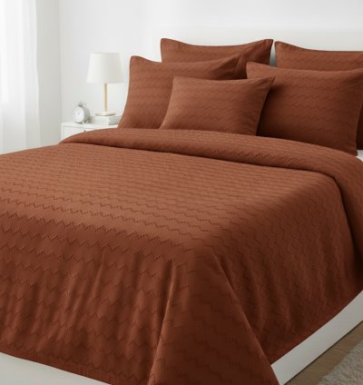 Waves Koleksiyon Koyu Kiremit Yatak Örtüsü Seti - 260x250 cm + 4 Yastık Kılıfı