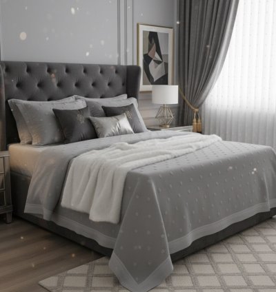 Bohem Ponponlu Gri Yatak Örtüsü Seti - 260x250 cm + 4 Yastık Kılıfı