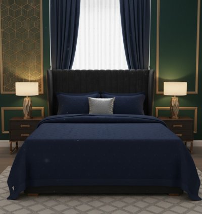 Bohem Ponponlu Lacivert Yatak Örtüsü Seti - 260x250 cm + 4 Yastık Kılıfı