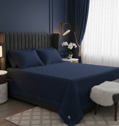 Bohem Ponponlu Lacivert Yatak Örtüsü Seti - 260x250 cm + 4 Yastık Kılıfı