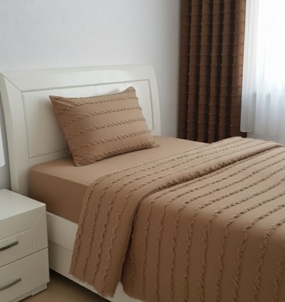 Wave Koleksiyon Sütlü Kahve Tek Kişilik Yatak Örtüsü Seti 160x230 cm + 2 Yastık Kılıfı