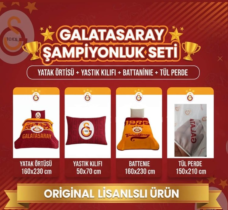 Galatasaray Lisanslı Şampiyonluk Seti | Yatak Örtüsü, Yastık Kılıfı, Battaniye, Tül Perde