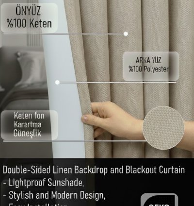 Taç Deste V3 Bej Çift Taraflı Keten Fon ve Karartma Perde 5