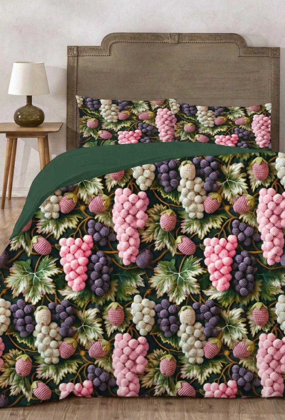 Housse de Couette Effet Crochet 3D Raisins - 100% Coton - Linge de Lit Sur Mesure - Impression Tricot Réaliste - Déco Champêtre