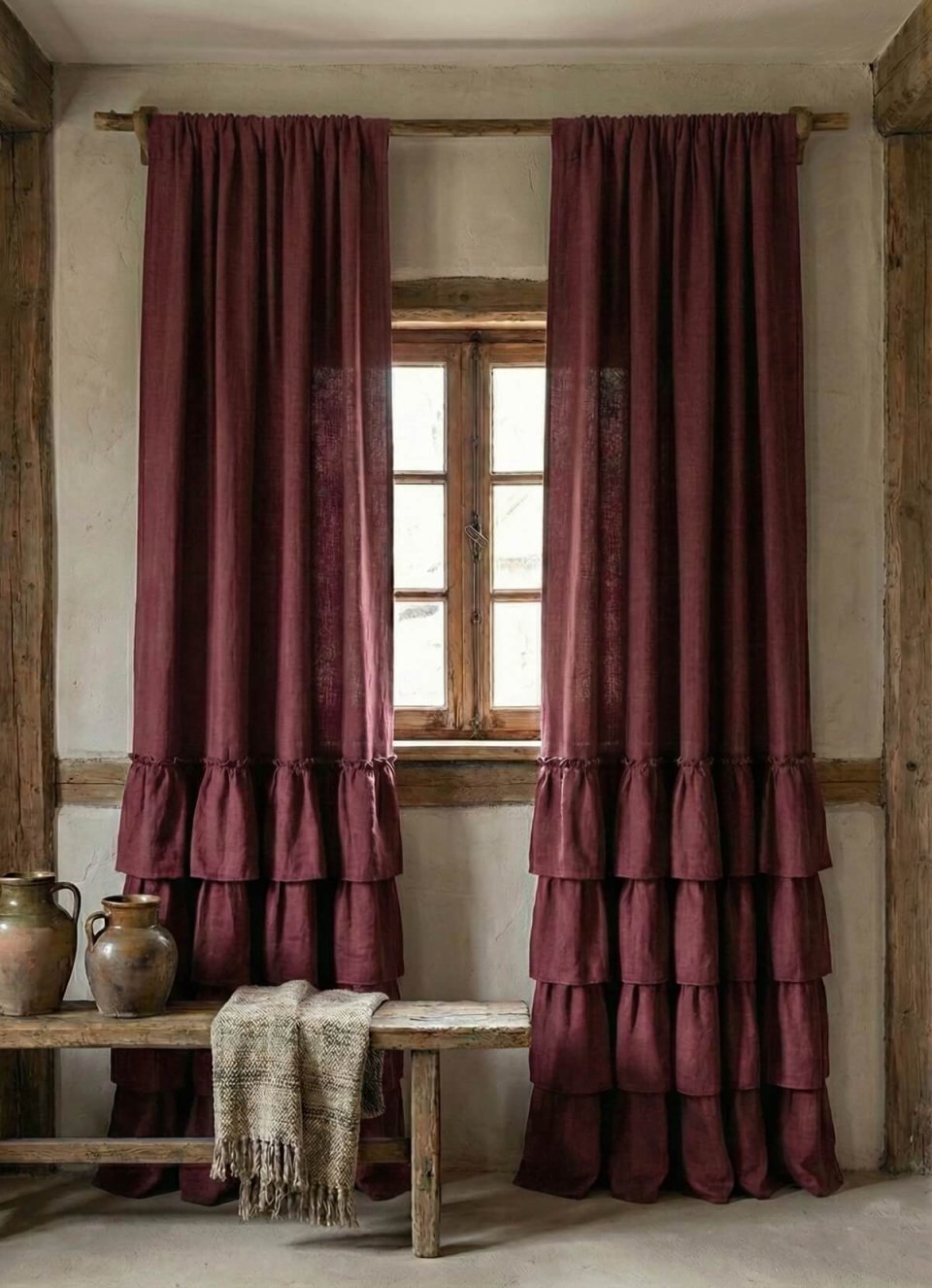 Double Rideau Provençal Tons Bordeaux/verts - Fleurs 100% Coton - 1.35m X 2.30m