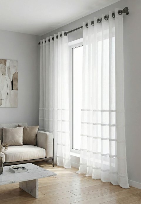 Skandinavische Leinenoptik Gardinen - Transparenter Voile mit Strukturstreifen 9