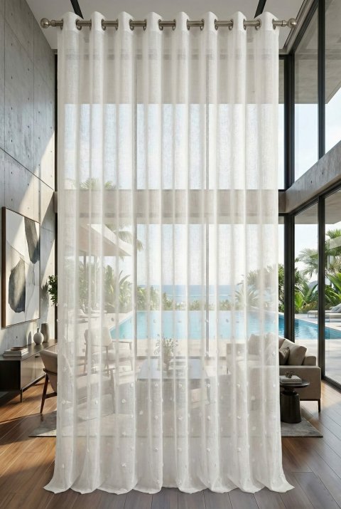 Tenda Tulle Effetto Lino con Mezzi Pon Pon - Stile Scandinavo e Boho (Antipiega)