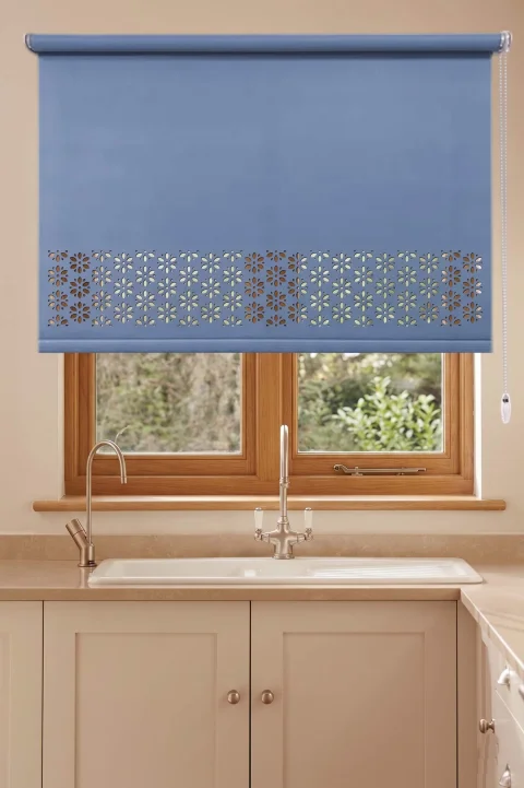 Laser-Cut Daisy Motif Blue Roller Blind Model 2002 - Bedroom & Kitchen Roller Blind 3