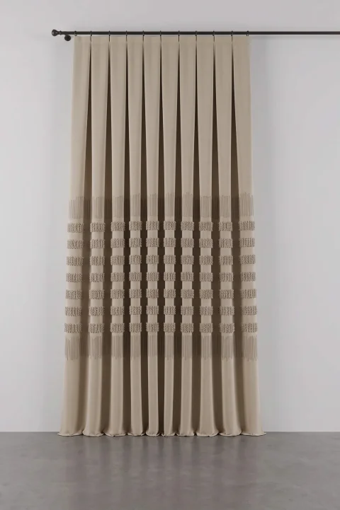 Noble Bej Fon Perde | Püskül Detaylı ve Geometrik Desenli Bohem Salon Perdesi
