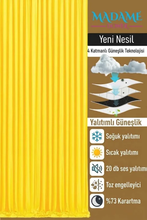 Sarı Karartma Kırışmaz Perde | 4 Katmanlı Dokuma %73 Işık ve Tam Yalıtım Performansı