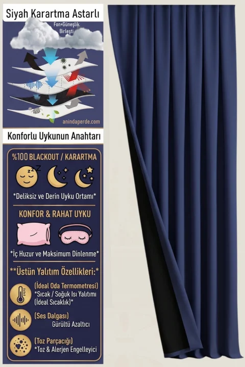 780gr Siyah Astarlı Mavi Saten Perde: %100 Karartma Isı ve Ses Yalıtımı 8