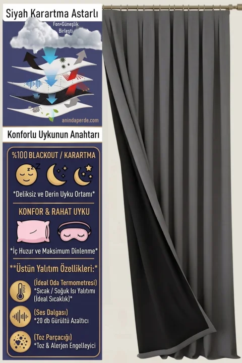 780gr Siyah Astarlı Gri Saten Perde: %100 Karartma ve Ses Yalıtımı