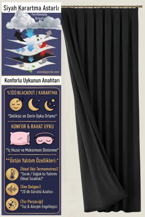 Saten Karartma Perde (%100 Blackout) | Siyah Astarlı Lüks Yatak Odası Fon Perdesi + Soğuk ve Sıcak Yalıtımı