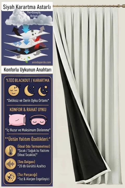 Beyaz Karartma Perde (%100 Blackout) | Siyah Astarlı 0 Işık Yatak Odası Fon Perdesi