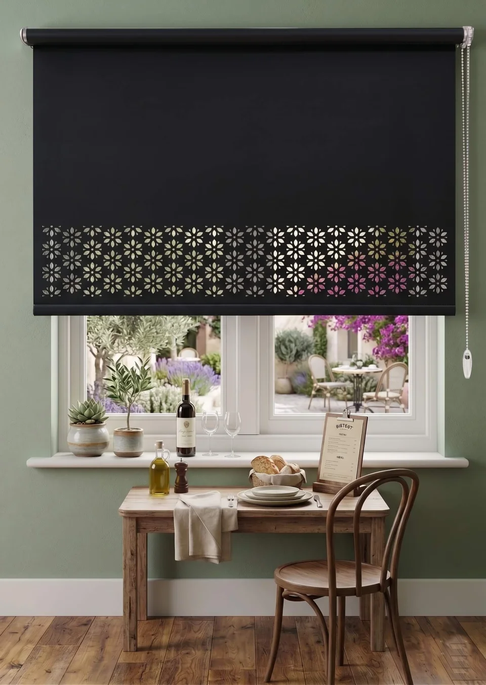 Schwarzes lasergeschnittenes Rollo mit Gänseblümchen-Motiv - Wohnzimmer, Küche, Schlafzimmer Modell 2002
