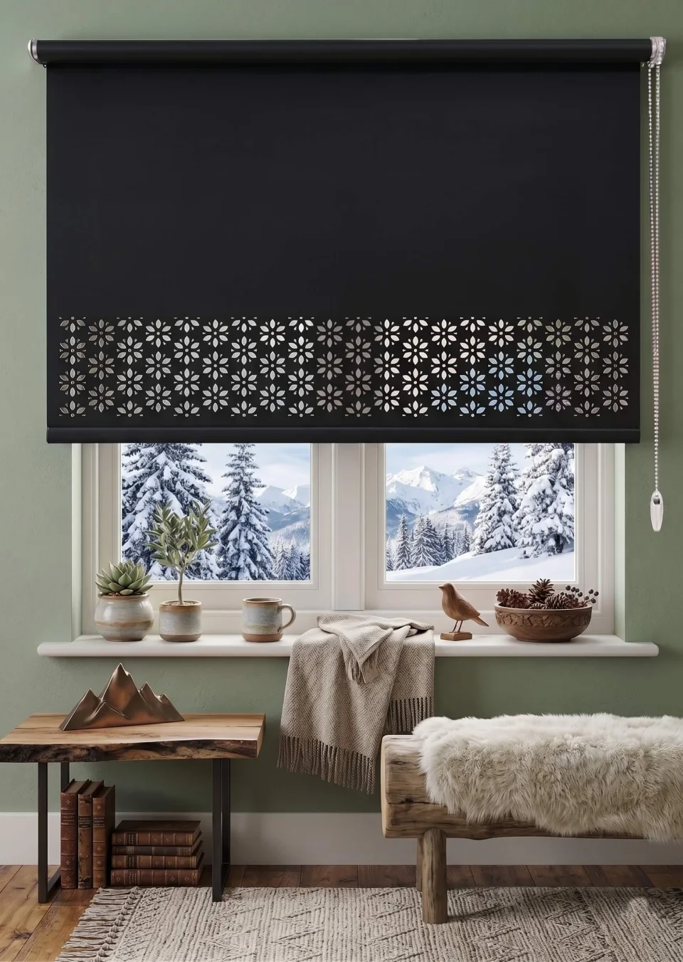 Schwarzes lasergeschnittenes Rollo mit Gänseblümchen-Motiv - Wohnzimmer, Küche, Schlafzimmer Modell 2002