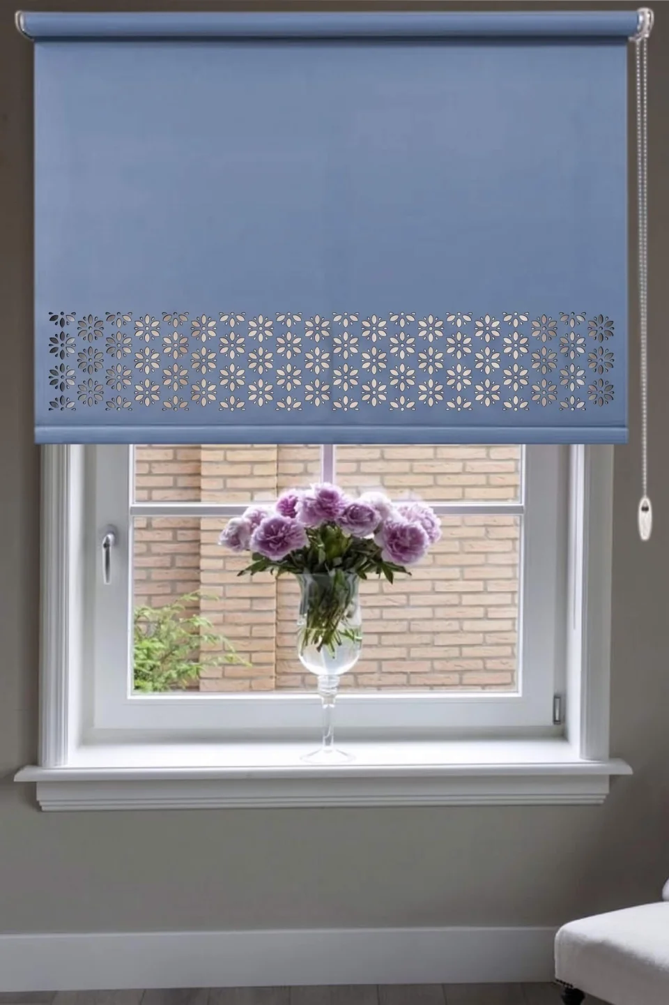 Laser-Cut Daisy Motif Blue Roller Blind Model 2002 - Bedroom & Kitchen Roller Blind