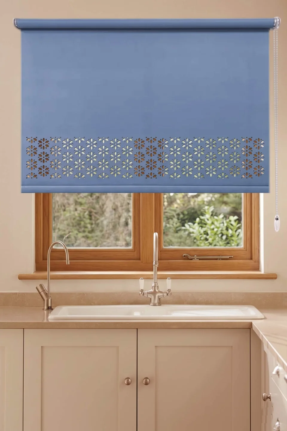 Laser-Cut Daisy Motif Blue Roller Blind Model 2002 - Bedroom & Kitchen Roller Blind