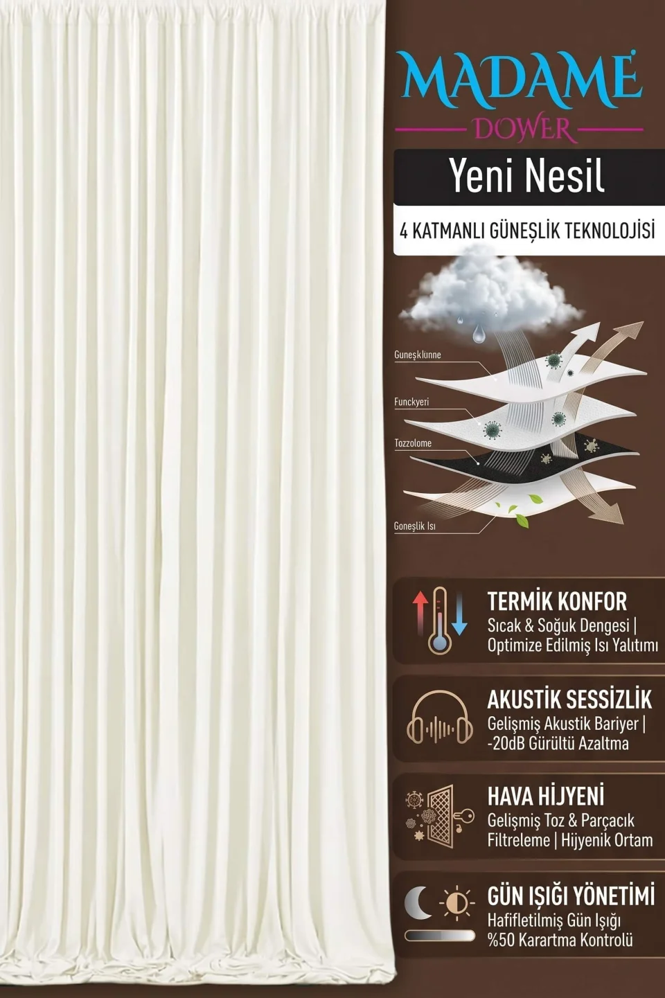 Qırışmayan Krem Günəşlik Pərdə | 60% Qarartma və Termal İzolyasiya