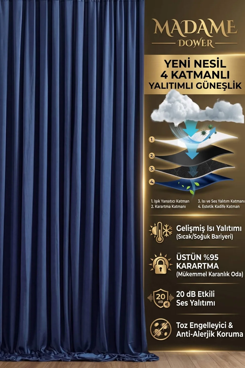 Indigo Acoustic Blackout Curtains | 95% Dimout & Insulation