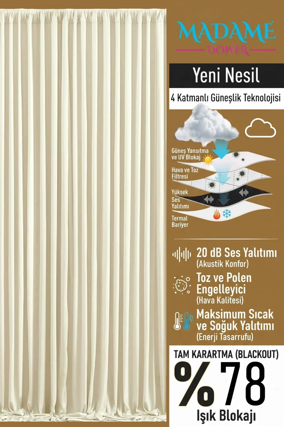 Bej Qarartma Qırışmayan Pərdə | 4 Qatlı Toxunma 78% İşıq və Tam İzolyasiya Performansı