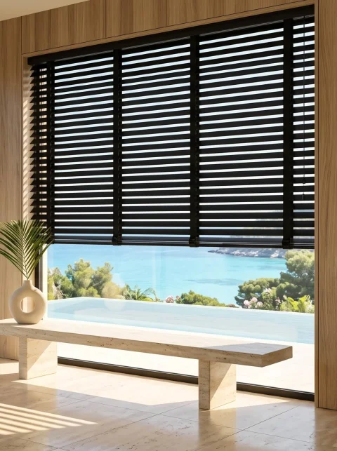 Custom Size Black Wooden Venetian Blinds | Motorized & Tape Options 3
