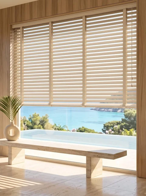 Timeless Harmony: Beige Wooden Venetian Blinds | Motorized & Made-to-Measure 5