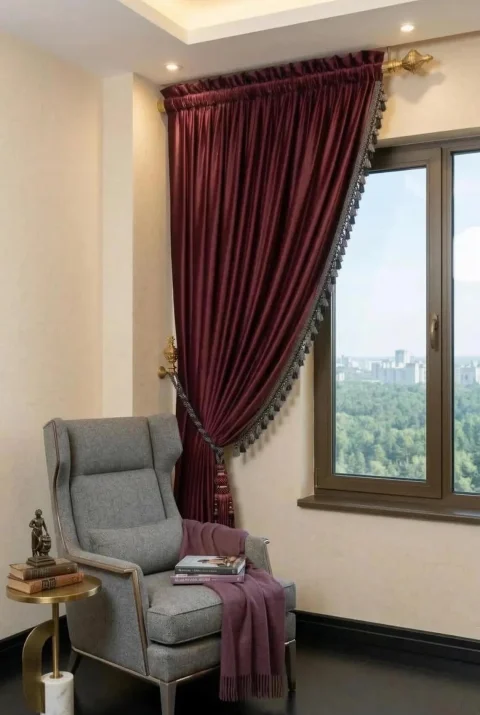 Püskül Kenarlı Bordo İpek Kadife Fon Perde, Akustik ve Karartma Özellikleri İle, Özel Üretim 5