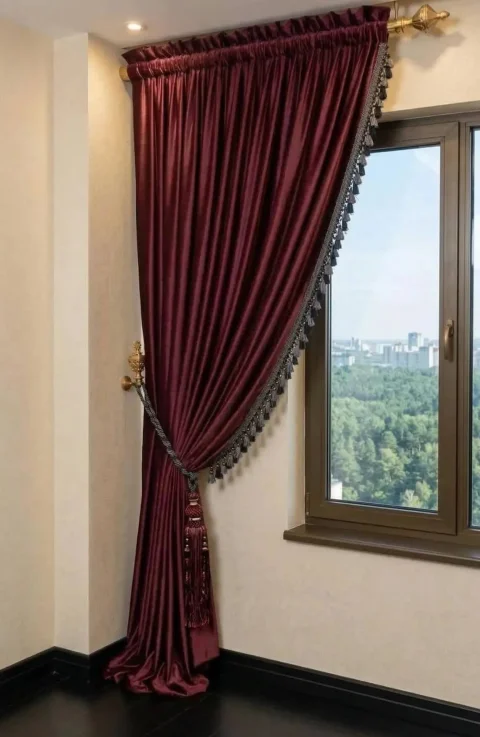 Püskül Kenarlı Bordo İpek Kadife Fon Perde, Akustik ve Karartma Özellikleri İle, Özel Üretim 3