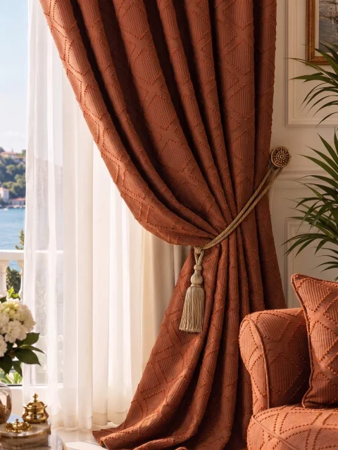 Premium Kiremit Rengi Dokulu Kabartmalı Elmas Desenli Ağır Fon Perde – Kişiye Özel Dikim & Pile Seçenekleri 6