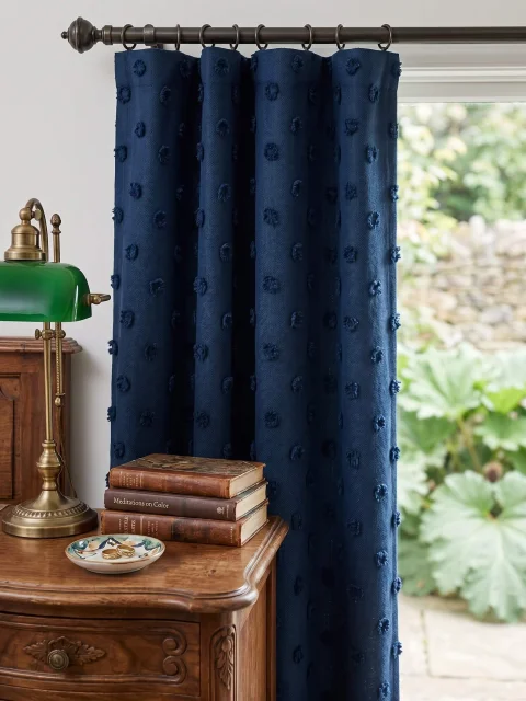 El İşlemeli Ponponlu Keten Fon Perde | %100 Kişiselleştirilebilir Ölçü & Dikim | Doğal Dokulu Tufted Linen Curtain