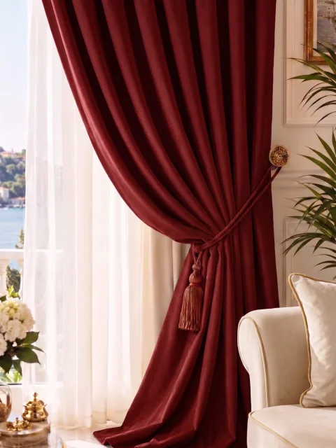 Cortinas de Terciopelo Suave Color Burdeos, Cortinas Lisas a Medida - Hechas a Mano Dimout 4