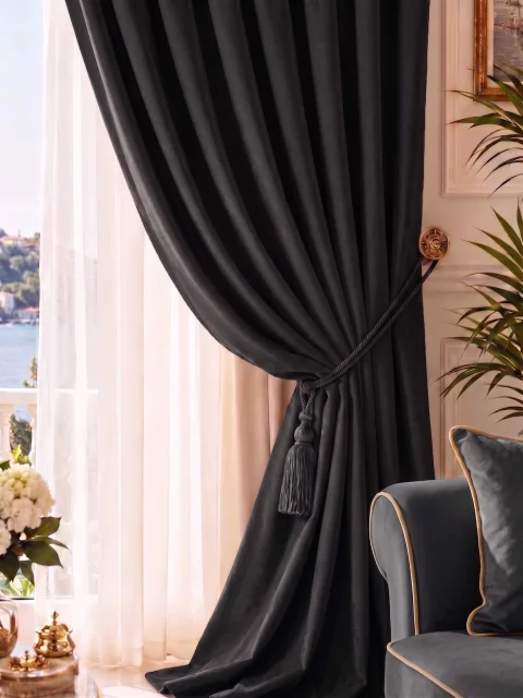 Cortinas de Terciopelo Suave Color Gris Oscuro, Cortinas Lisas a Medida - Hechas a Mano Dimout 4