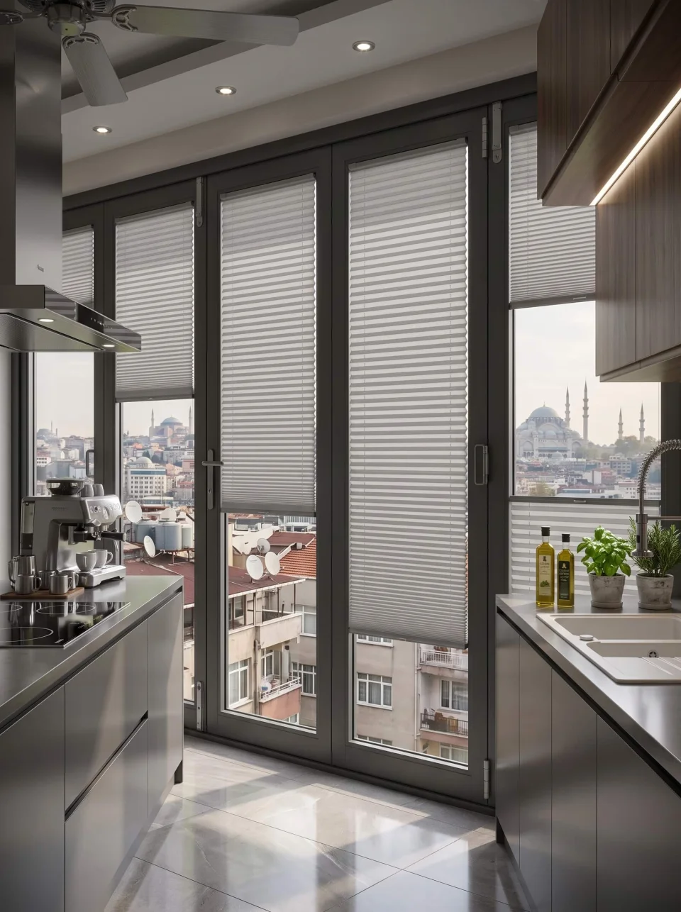 Jaluzele Plisate Gri cu Sistem de Prindere prin Cârlige - Fără Găurire pentru Balcon Închis și Ferestre PVC (La Comandă)