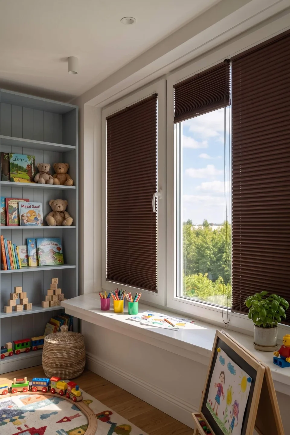 Estor Plisado Marrón Sin Taladrar - Cortina con Sistema Easy Fix para Ventanas de PVC y Balcones
