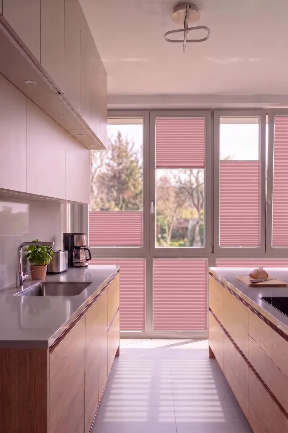Dust-Proof Pink Pleated Blinds - Glass Balcony & Antibacterial PVC Window Blind Models